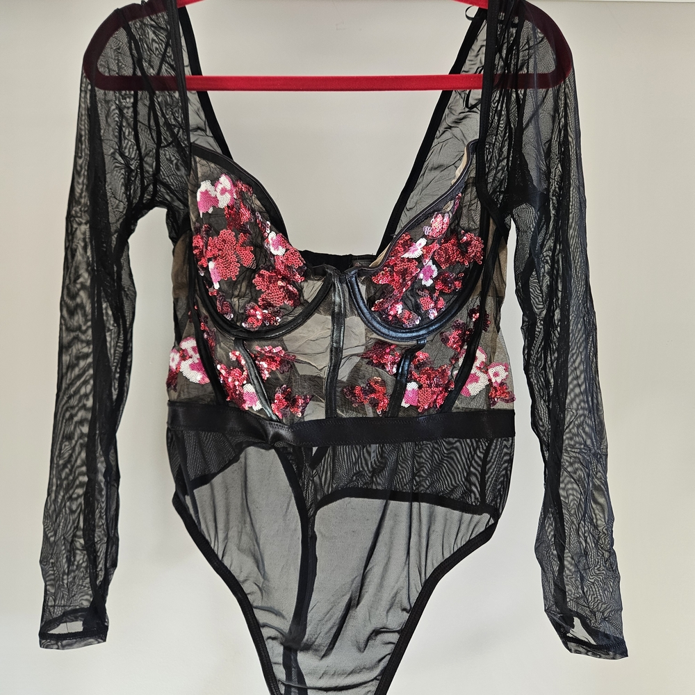 Black and Red Floral Sheer Bodysuit